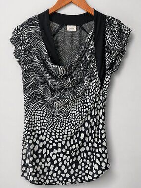 Suzy Shier Blouse Size S – Draped Neck Black & White Print